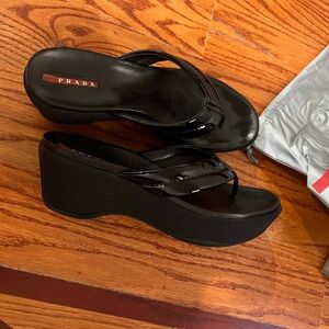 Prada Women's Glossy Black Wedge Sandals BRAND NEW